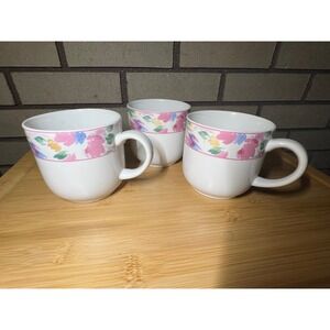 VTG 80s 90s Vitromaster Floral Mugs Set of 3 White Pink Blue Mint Green